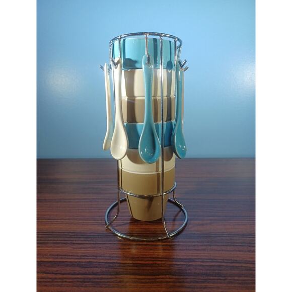 Kirklands Stackable Espresso 6 Cups & 5 Spoons Porcelain - Picture 1 of 11